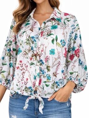 Sanctuary Clover tie Floral Tie-Front Button-Up Blouse - White Multi size Small